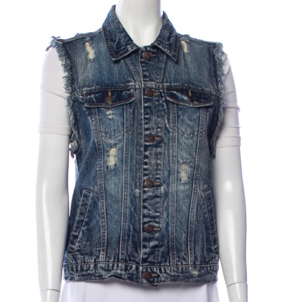 Pistola distressed blue Jean denim vest with fringe sz S